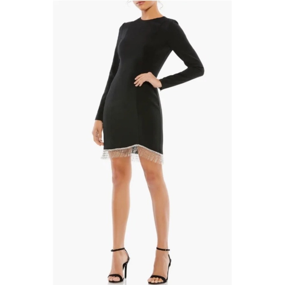 Ieena for Mac Duggal Black‎ Long Sleeve Crystal Fringe Mini Dress Size 2
